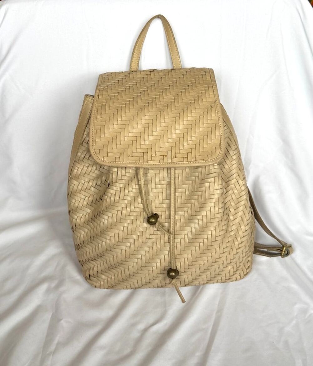 Bembien Woven Leather Frida Backpack Medium, Light Caramel Drawstring